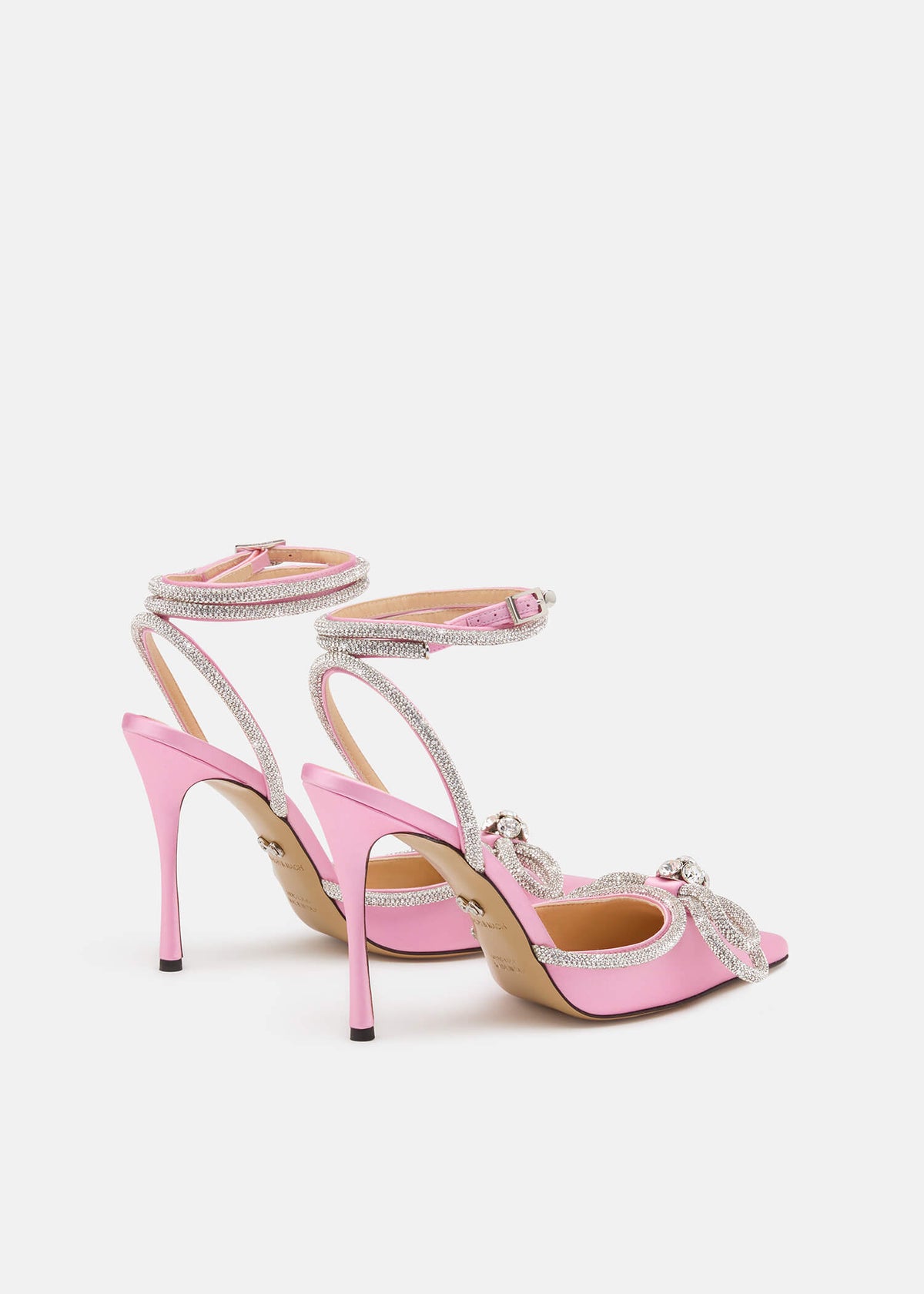 Elisa Pink Double Bow Pumps – heel view showing double bow, crystal, satin, pink, Vowalisse