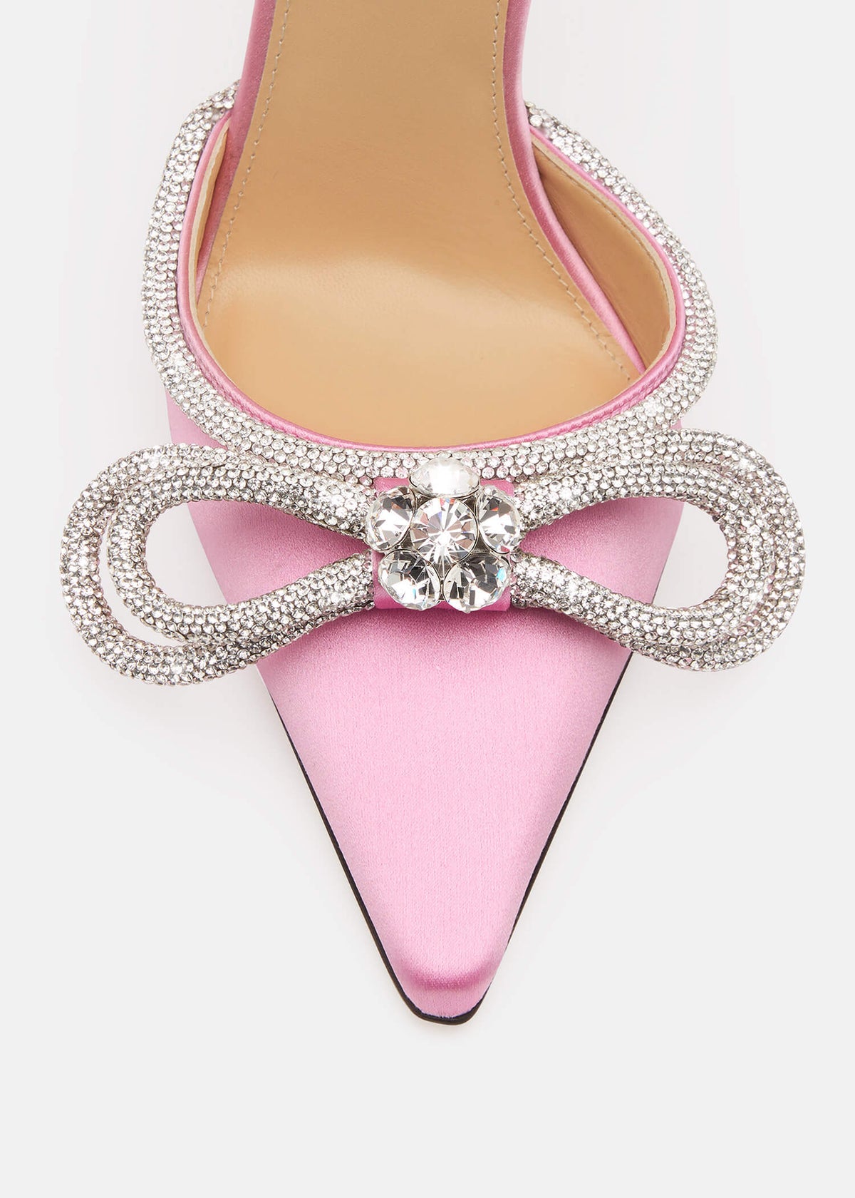 Elisa Pink Double Bow Pumps – rear view showing double bow, crystal, satin, pink, Vowalisse
