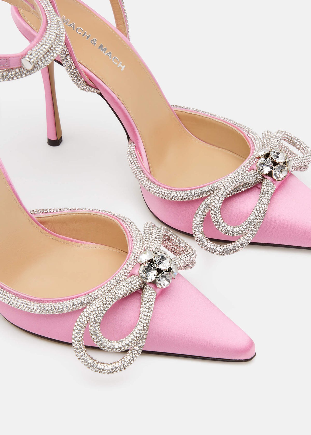 Elisa Pink Double Bow Pumps – top view showing double bow, crystal, satin, pink, Vowalisse