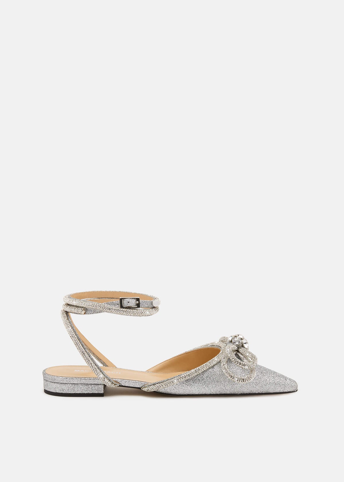 Diana Silver Double Bow Flats – front three-quarter view showing double bow, crystal, satin, glitter, Vowalisse