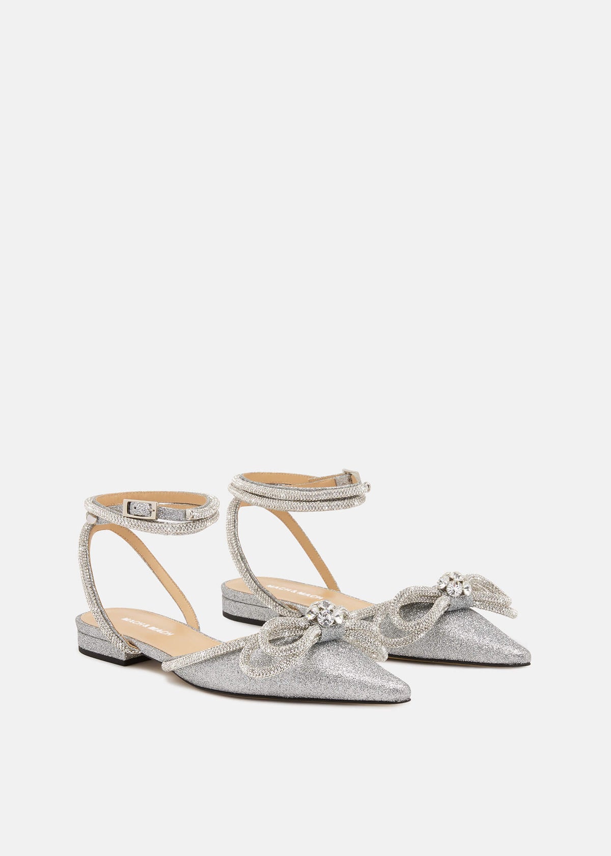 Diana Silver Double Bow Flats – side profile showing double bow, crystal, satin, glitter, Vowalisse