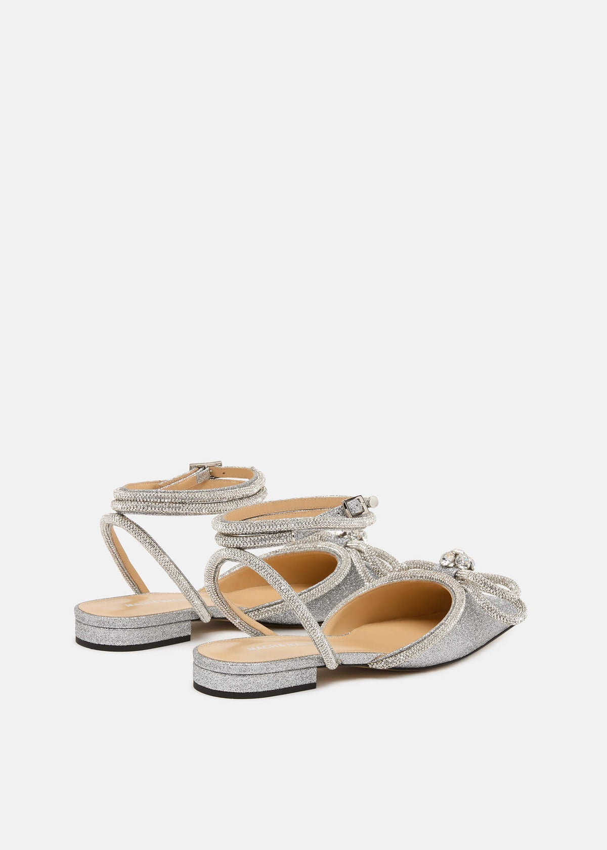 Diana Silver Double Bow Flats – heel view showing double bow, crystal, satin, glitter, Vowalisse