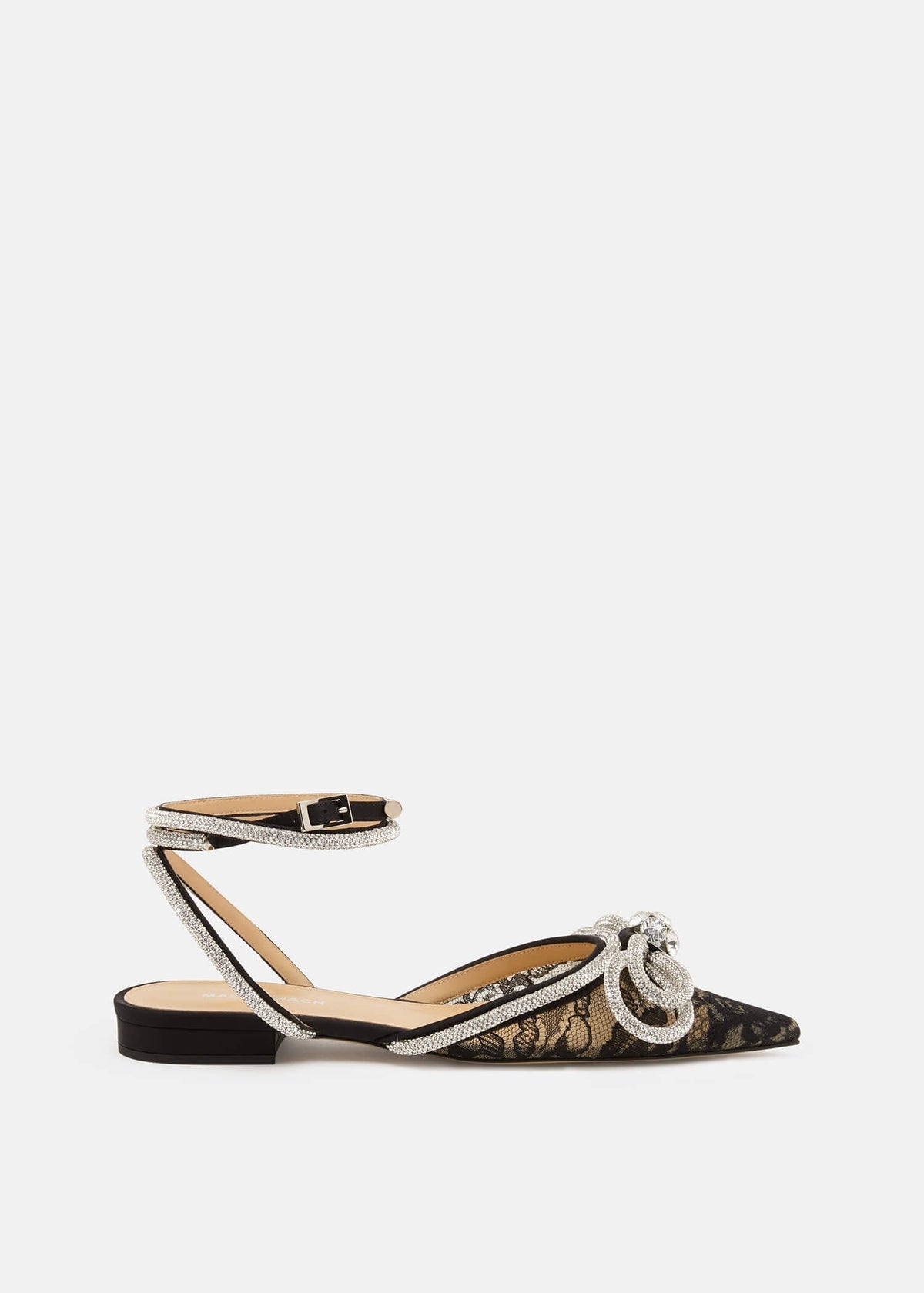 Celine Black Double Bow Flats – front three-quarter view showing double bow, crystal, lace, black, Vowalisse