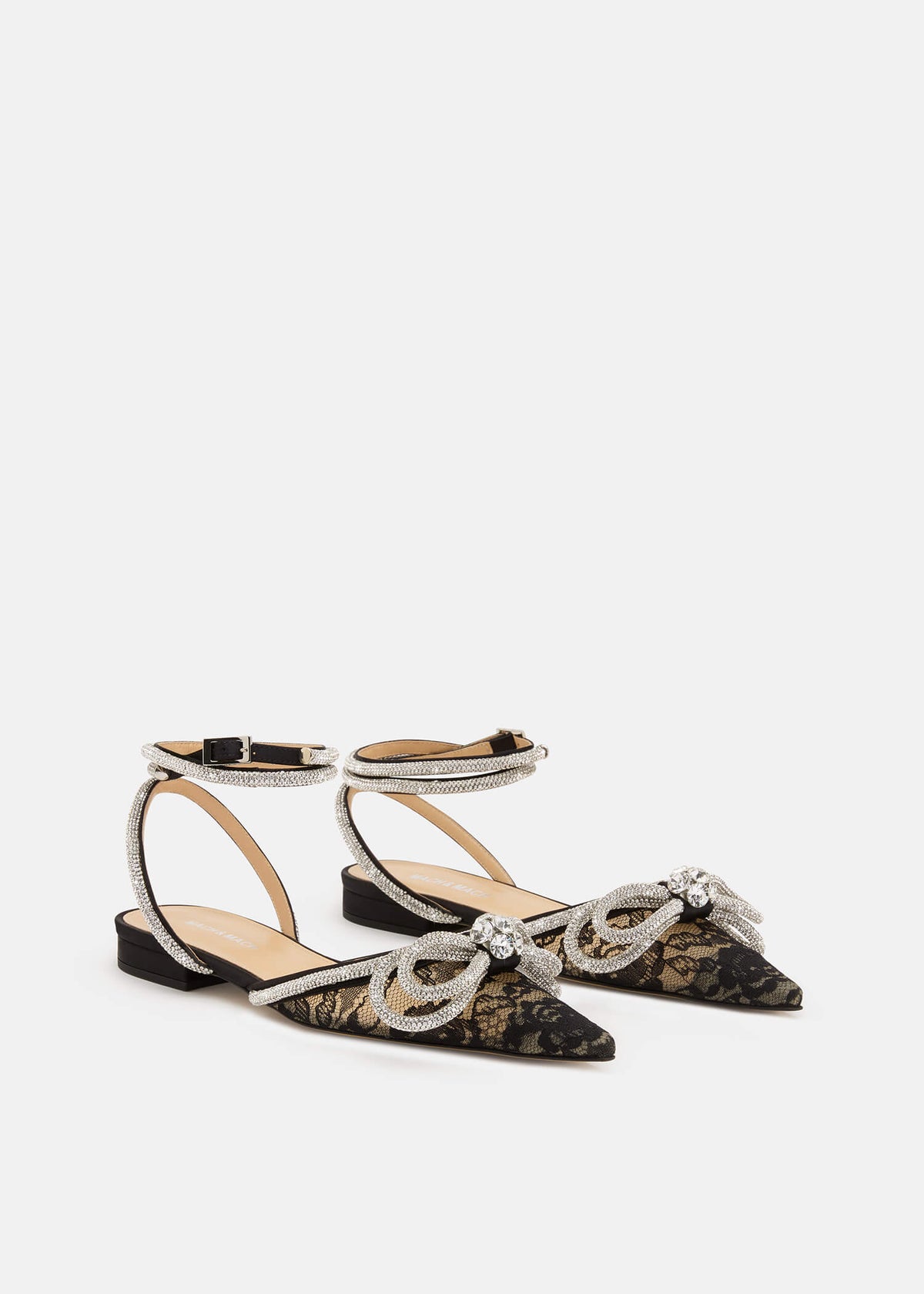 Celine Black Double Bow Flats – side profile showing double bow, crystal, lace, black, Vowalisse