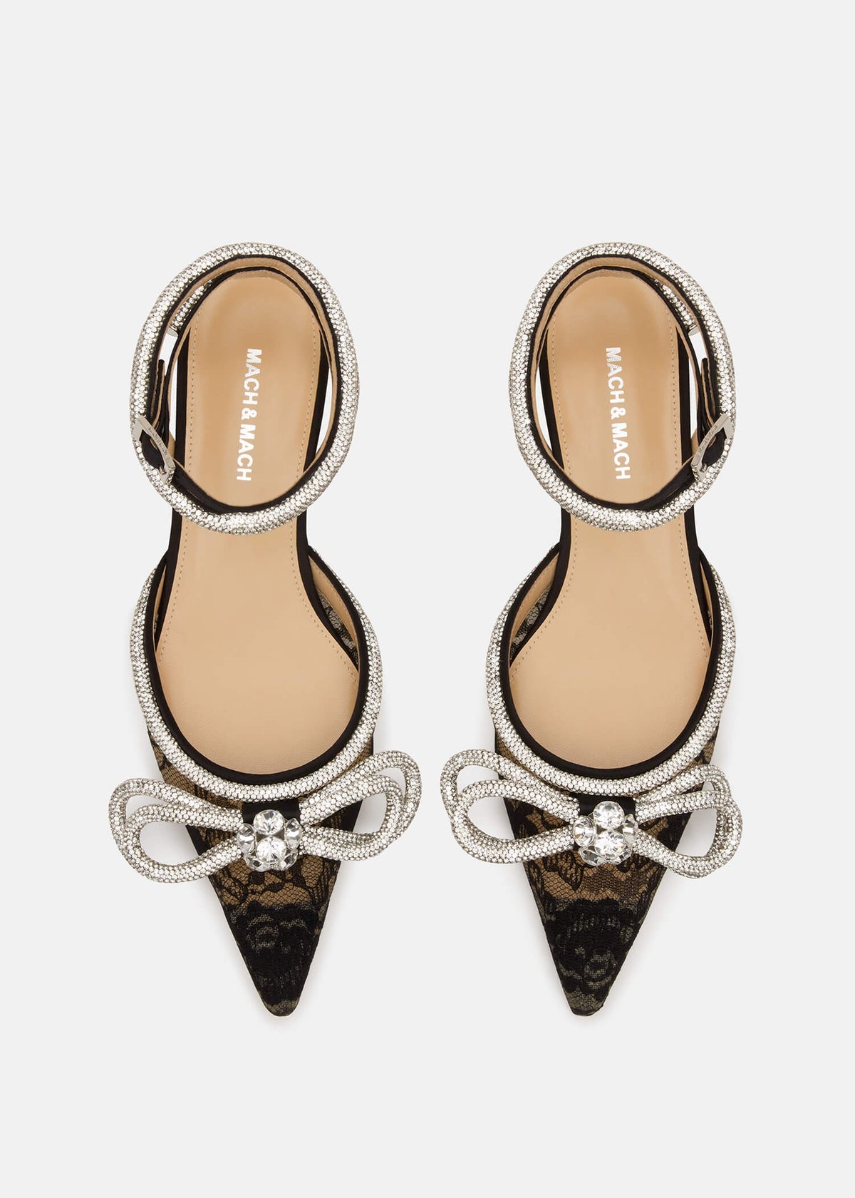 Celine Black Double Bow Flats – crystal detail view showing double bow, crystal, lace, black, Vowalisse