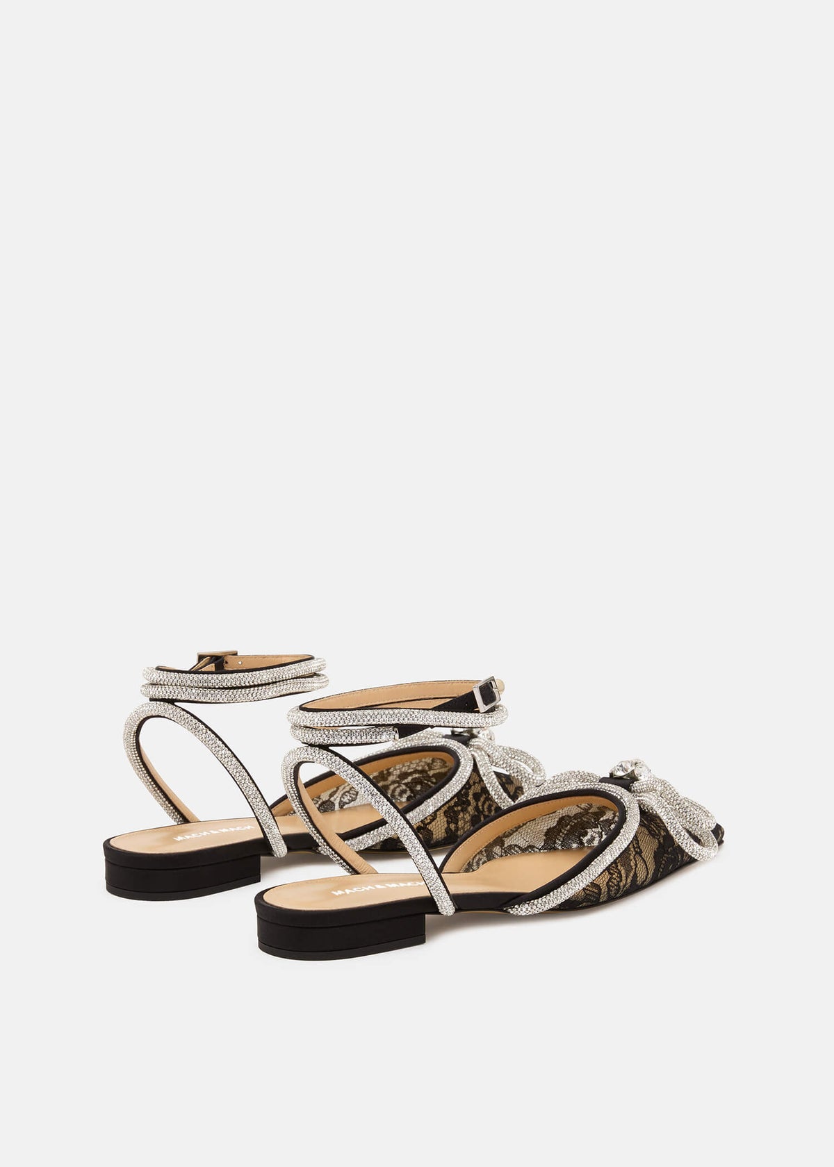 Celine Black Double Bow Flats – heel view showing double bow, crystal, lace, black, Vowalisse