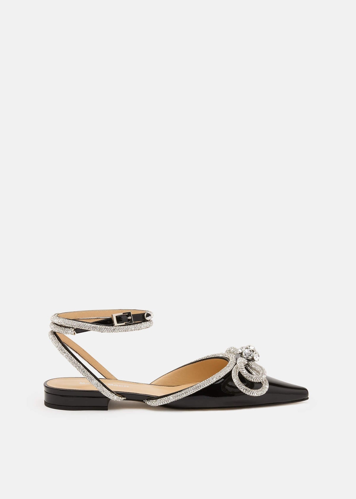 Brielle Black Double Bow Flats – front three-quarter view showing double bow, crystal, patent leather, black, Vowalisse