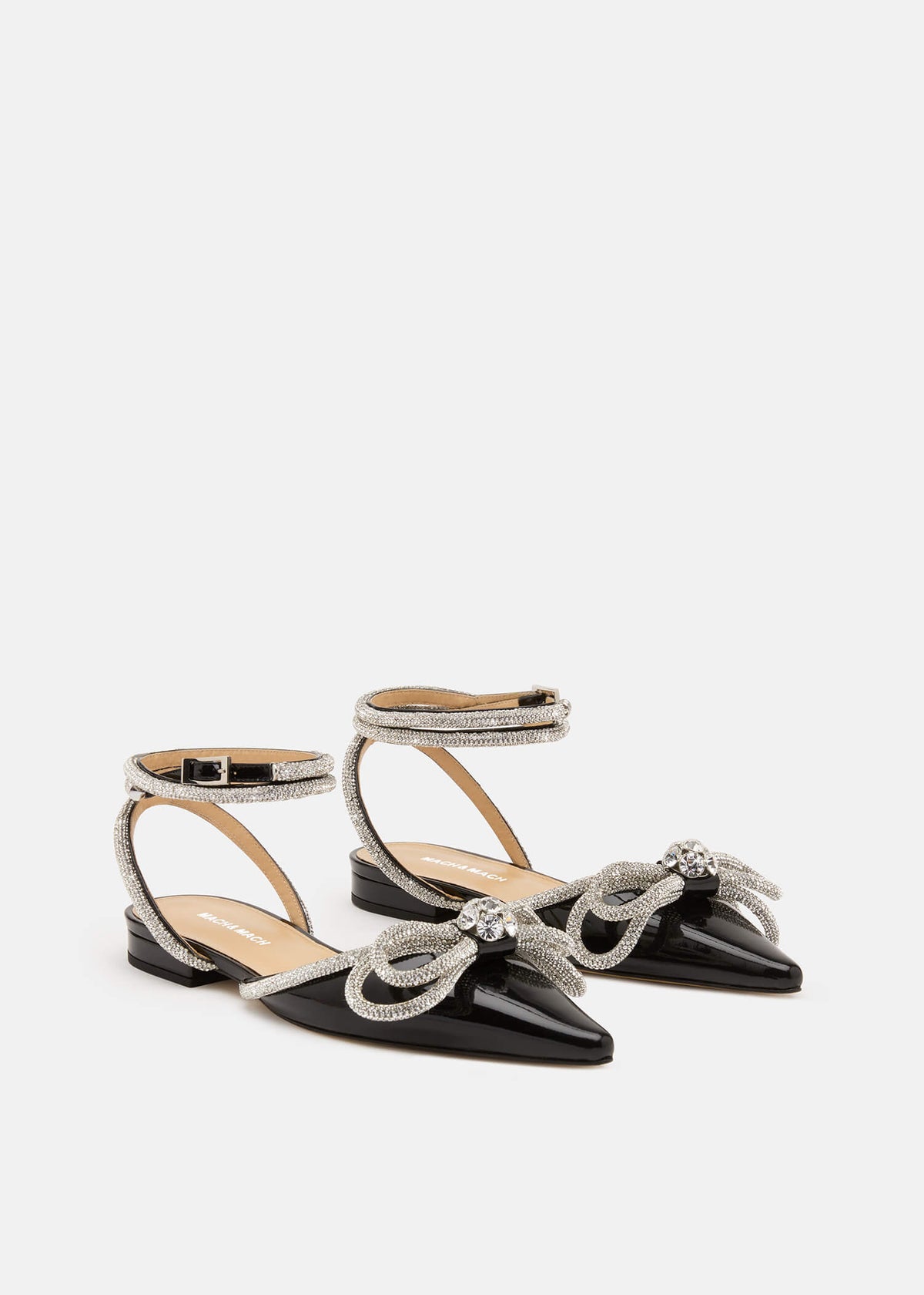Brielle Black Double Bow Flats – side profile showing double bow, crystal, patent leather, black, Vowalisse
