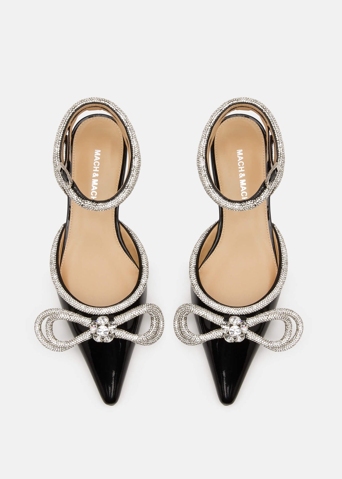 Brielle Black Double Bow Flats – crystal detail view showing double bow, crystal, patent leather, black, Vowalisse
