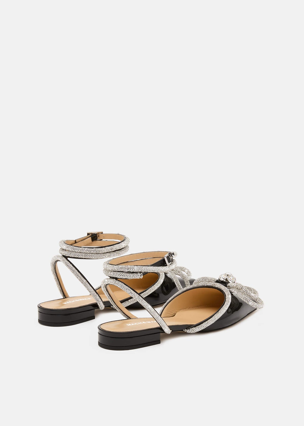 Brielle Black Double Bow Flats – heel view showing double bow, crystal, patent leather, black, Vowalisse