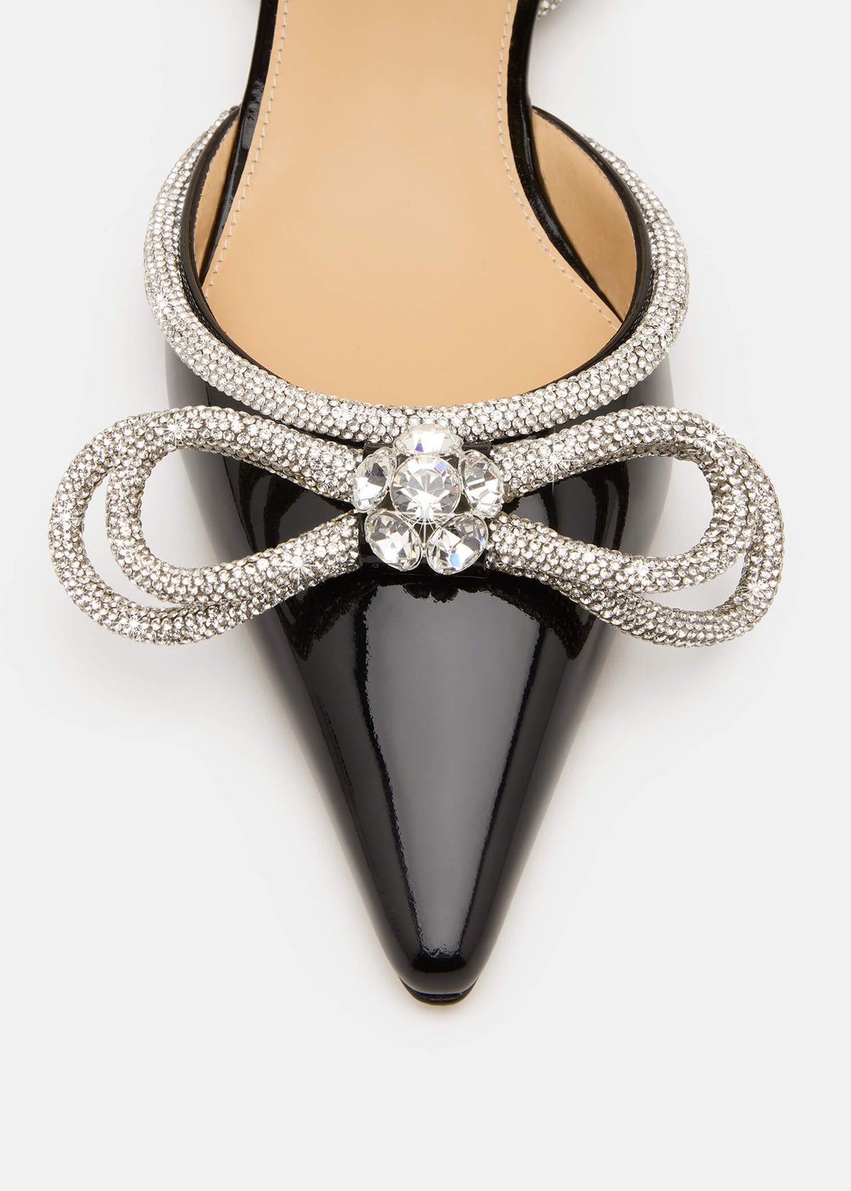 Brielle Black Double Bow Flats – rear view showing double bow, crystal, patent leather, black, Vowalisse