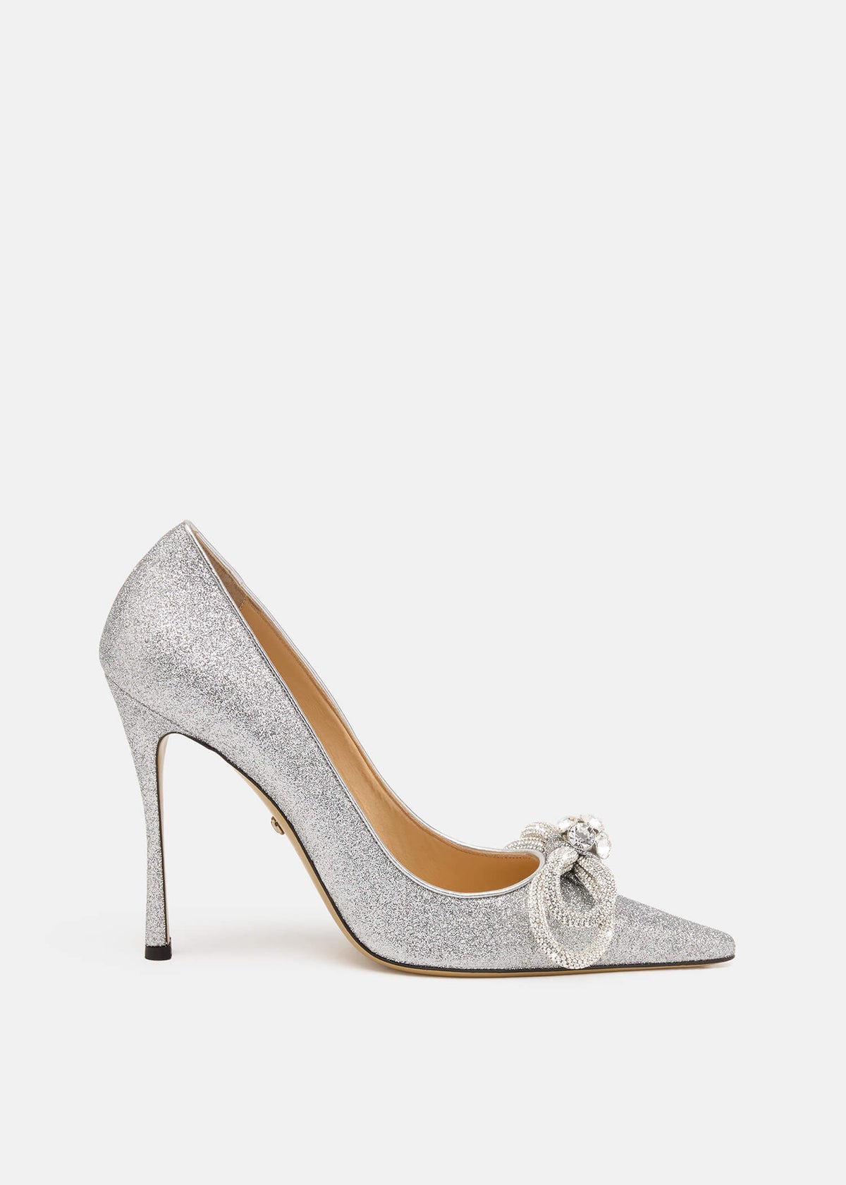 Adeline Silver Double Bow Pumps – front three-quarter view showing double bow, crystal, satin, glitter, Vowalisse