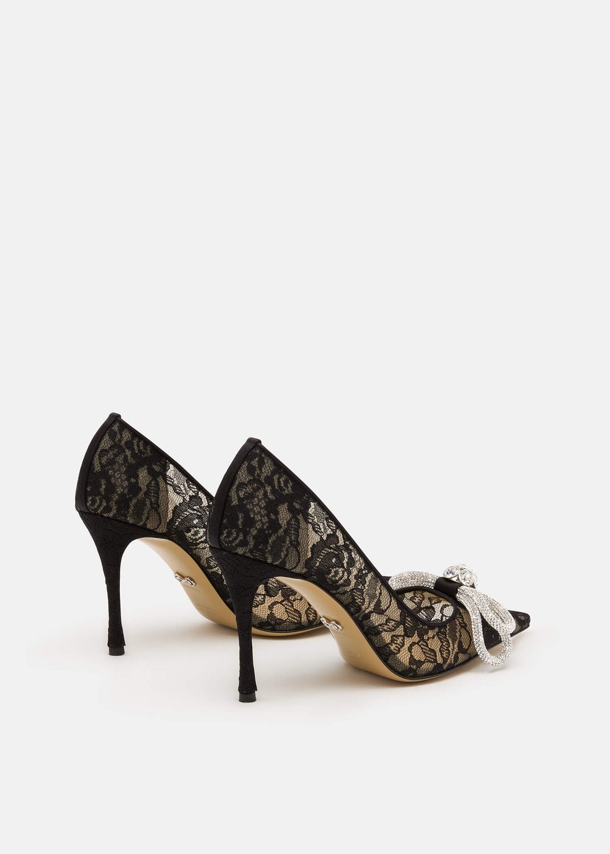 Zahara Black Double Bow Pumps – heel view showing double bow, crystal, lace, black, Vowalisse
