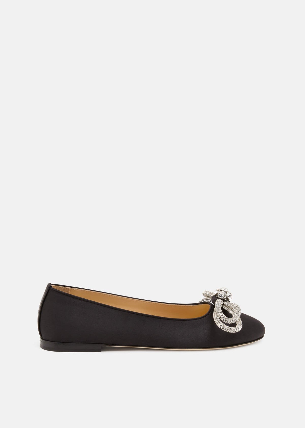 Yvette Black Double Bow Flats – front three-quarter view showing double bow, crystal, satin, black, Vowalisse