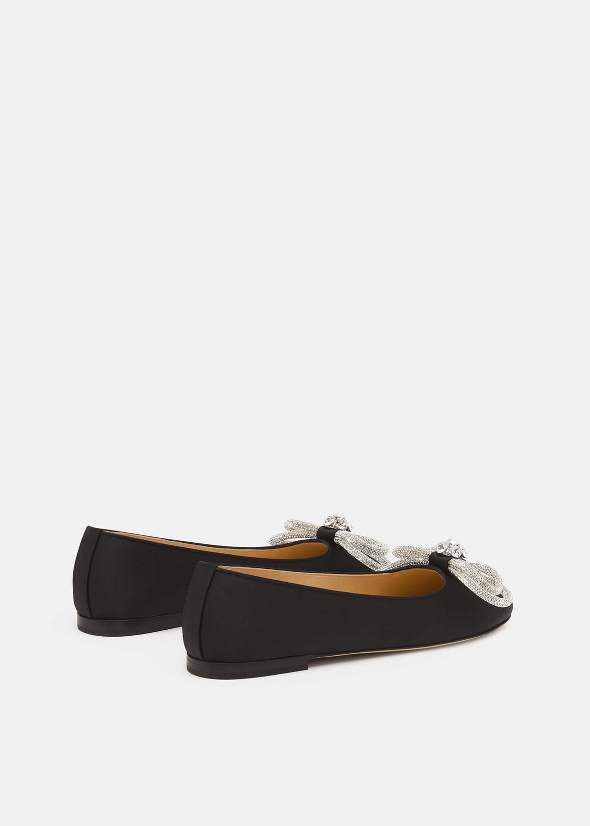 Yvette Black Double Bow Flats – heel view showing double bow, crystal, satin, black, Vowalisse
