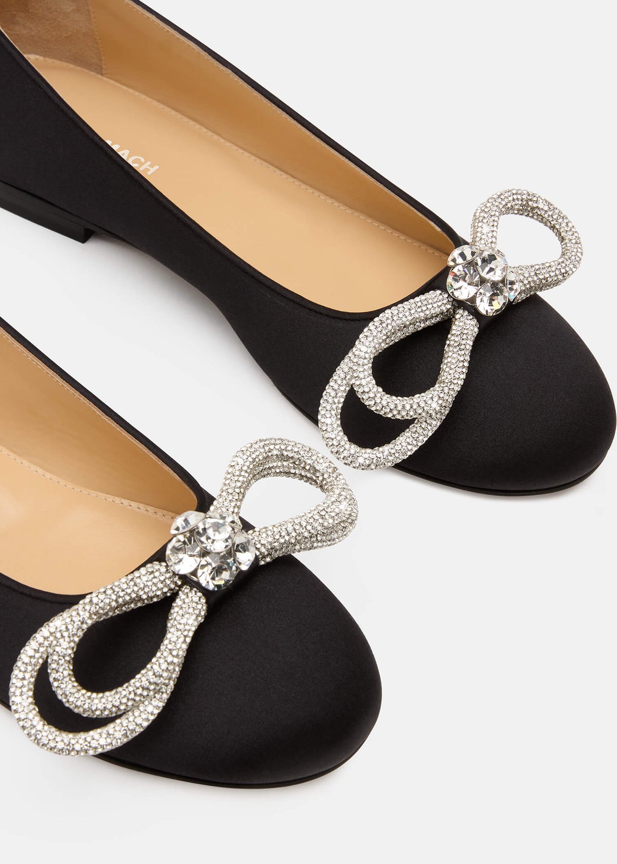 Yvette Black Double Bow Flats – rear view showing double bow, crystal, satin, black, Vowalisse