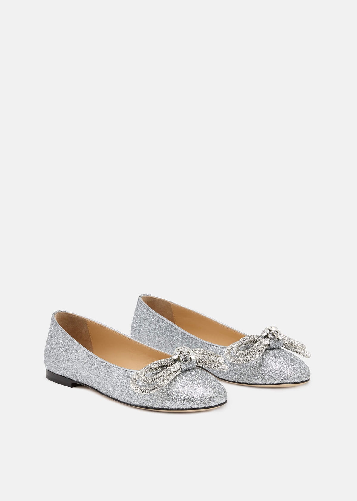 Xanthe Silver Double Bow Flats – side profile showing double bow, crystal, glitter, silver, Vowalisse