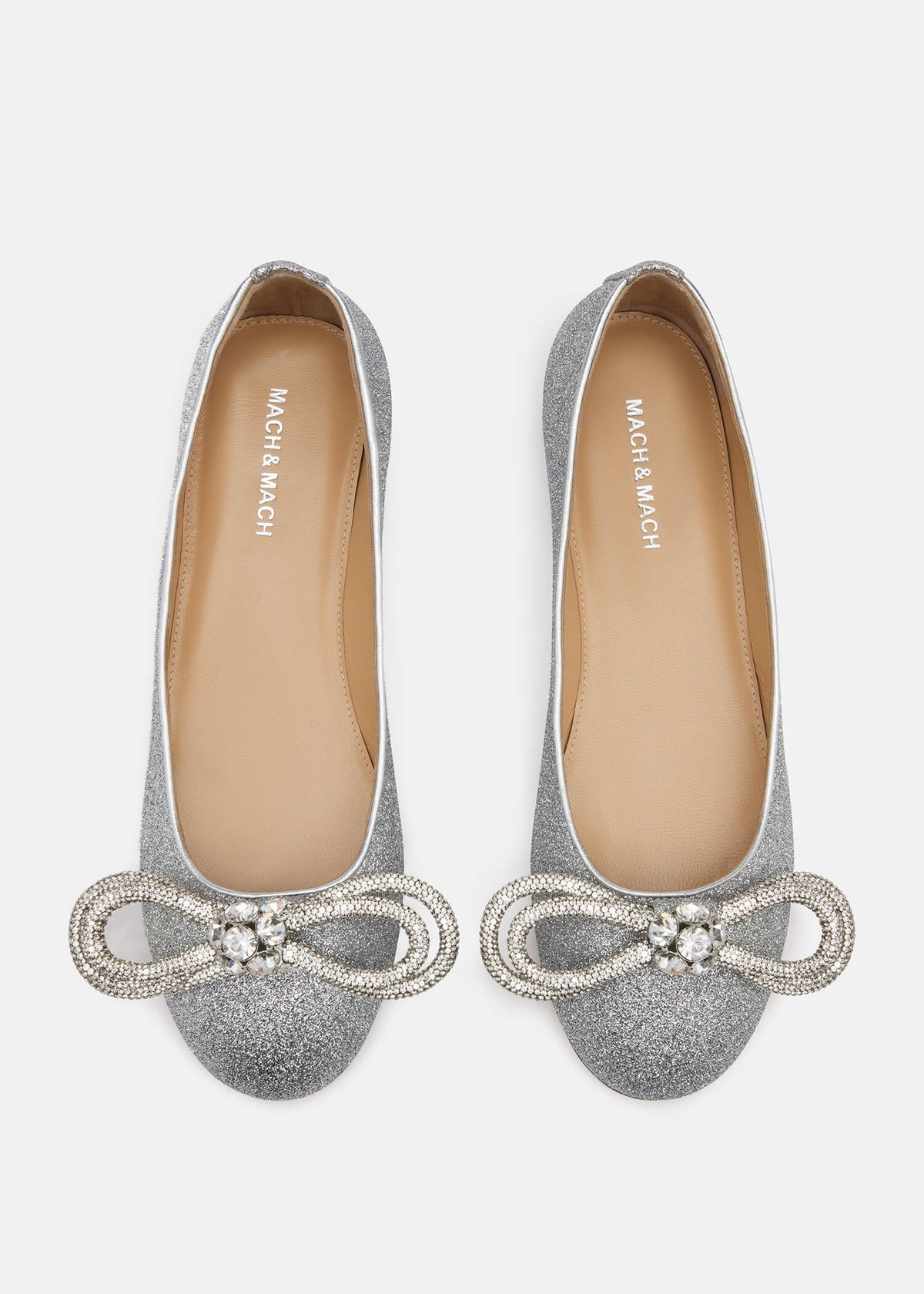 Xanthe Silver Double Bow Flats – crystal detail view showing double bow, crystal, glitter, silver, Vowalisse