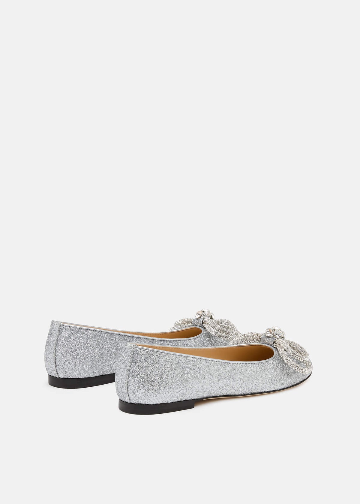 Xanthe Silver Double Bow Flats – heel view showing double bow, crystal, glitter, silver, Vowalisse