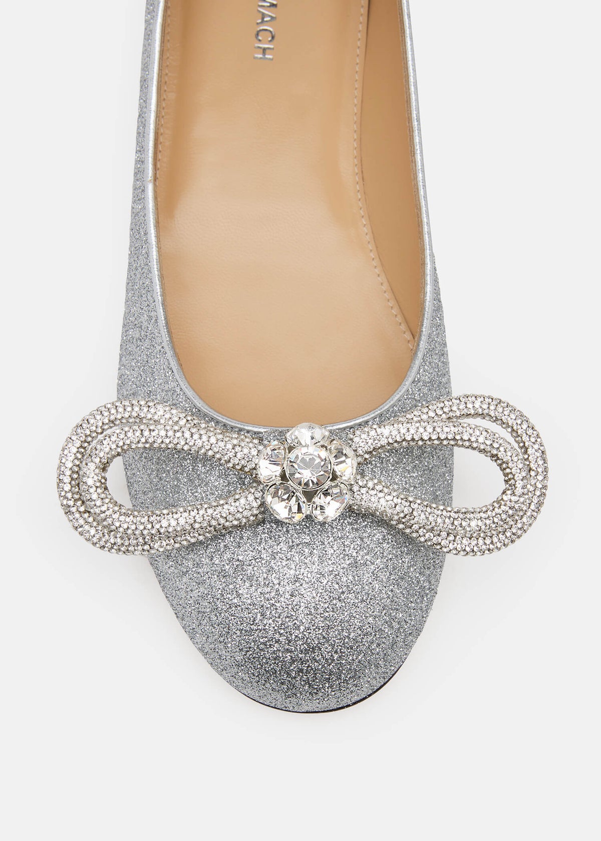 Xanthe Silver Double Bow Flats – rear view showing double bow, crystal, glitter, silver, Vowalisse