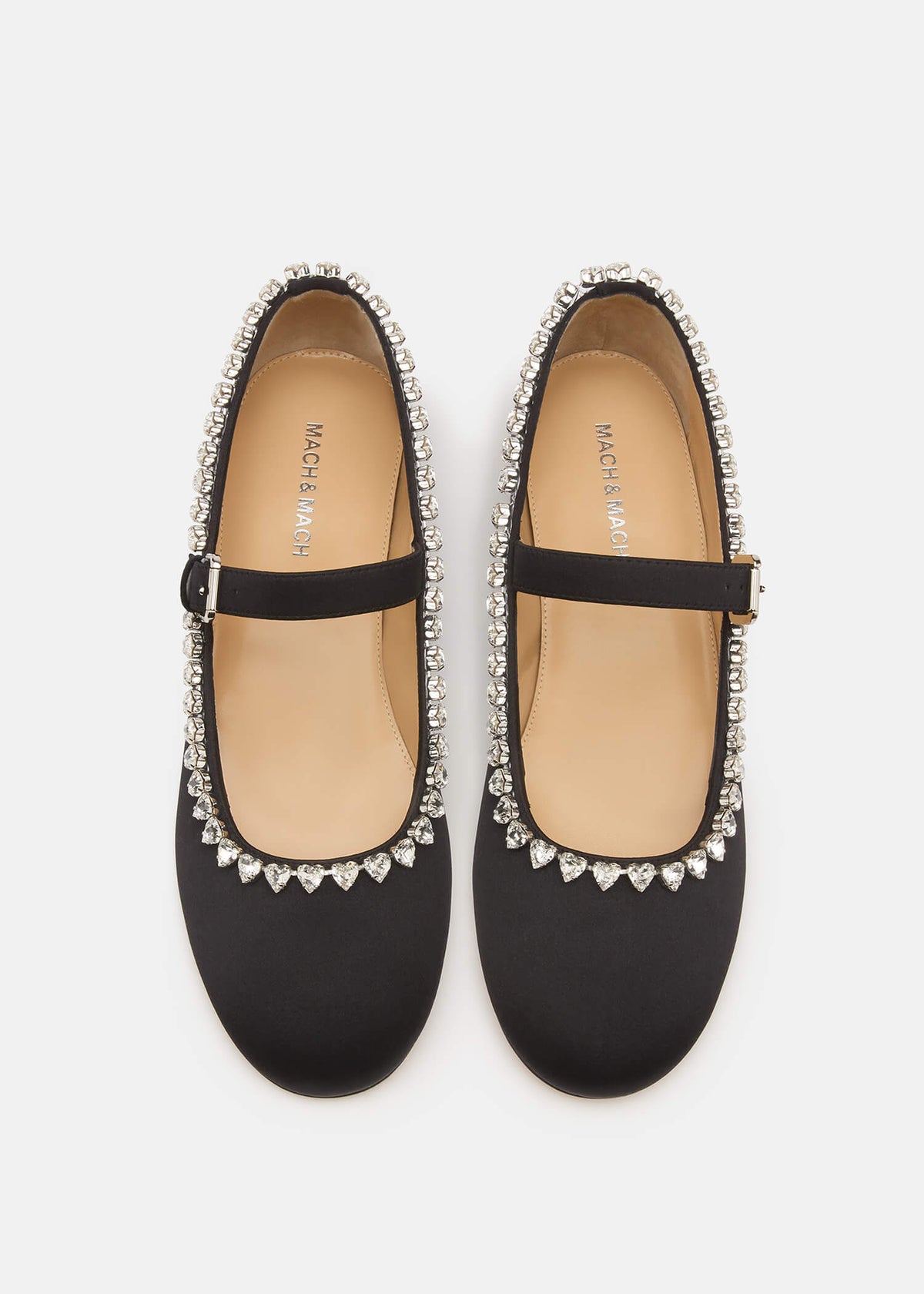 Mirella Black Satin Flats – crystal detail view showing satin, black, Vowalisse
