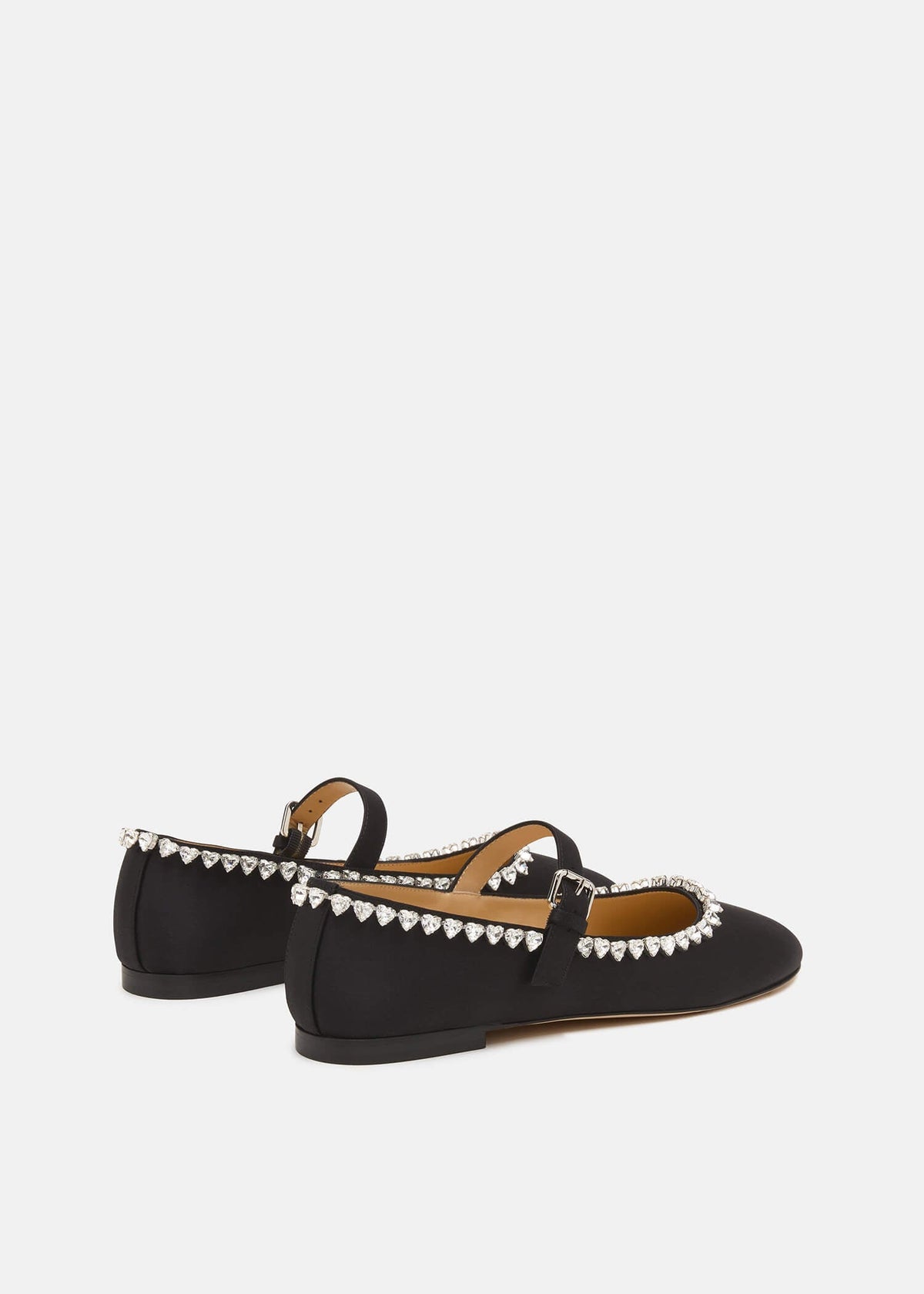 Mirella Black Satin Flats – heel view showing satin, black, Vowalisse