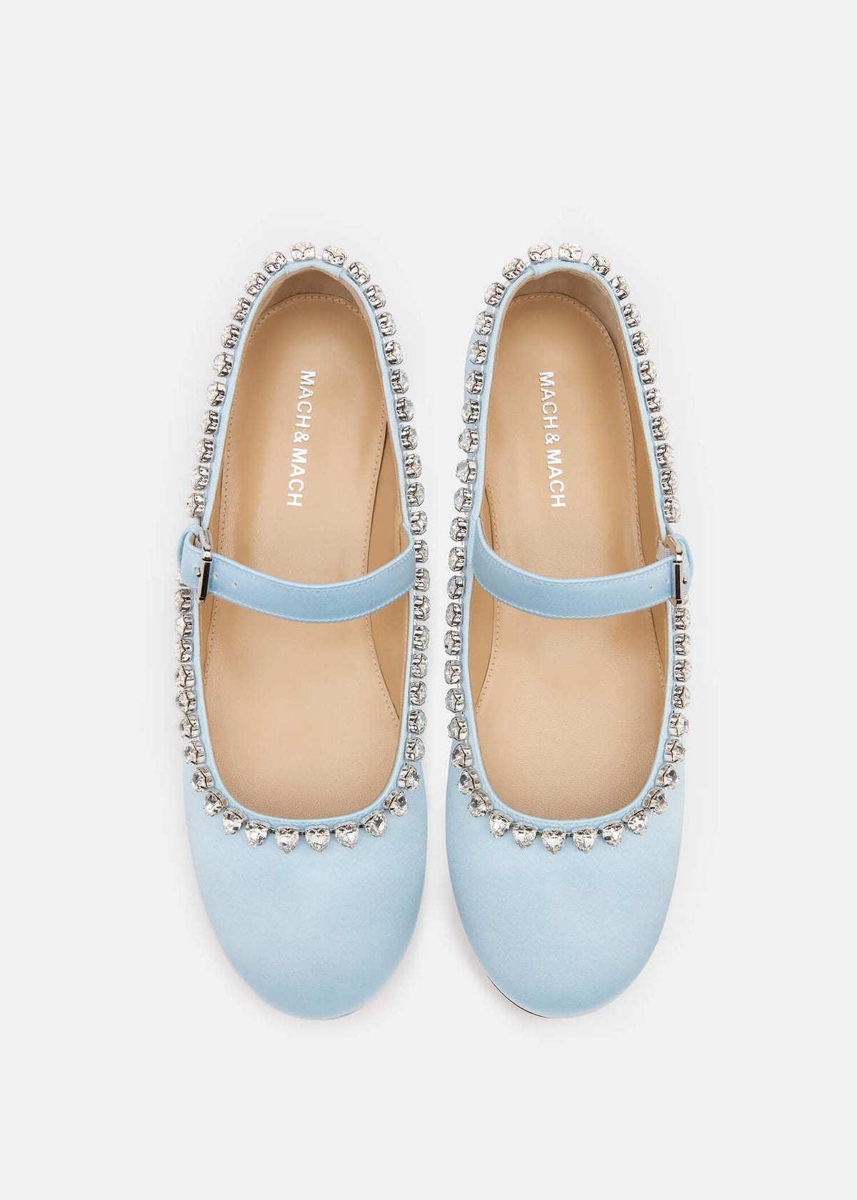 Lorelei Blue Satin Flats – crystal detail view showing satin, blue, Vowalisse