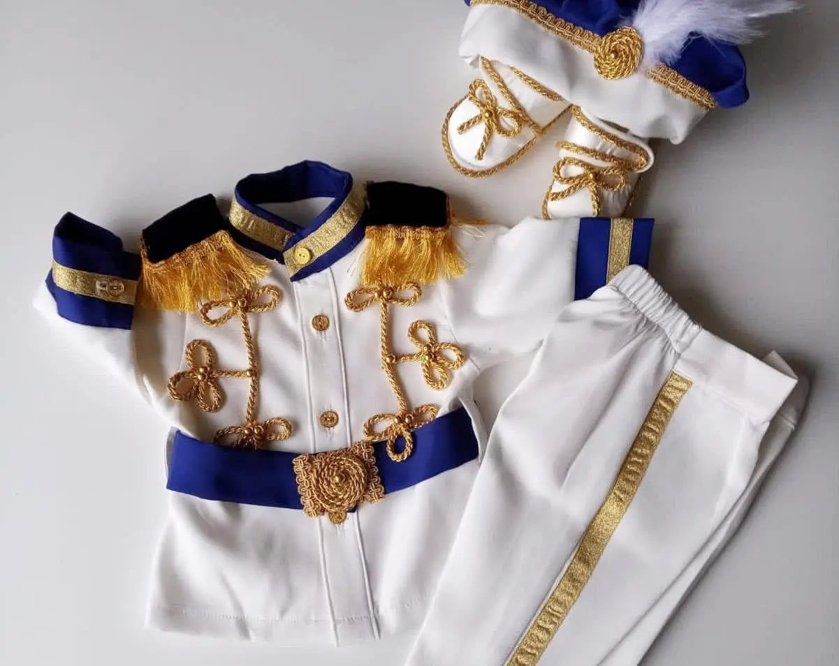 Fantasia Navy Blue & Gold Personalized Baby Prince 2, baby boy first birthday outfit, main product image by Vowalisse