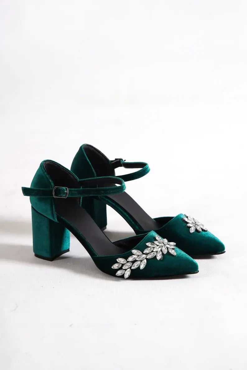 Green Velvet High Heel Bridal Heels VOWALISSE bridal shoes – view 3