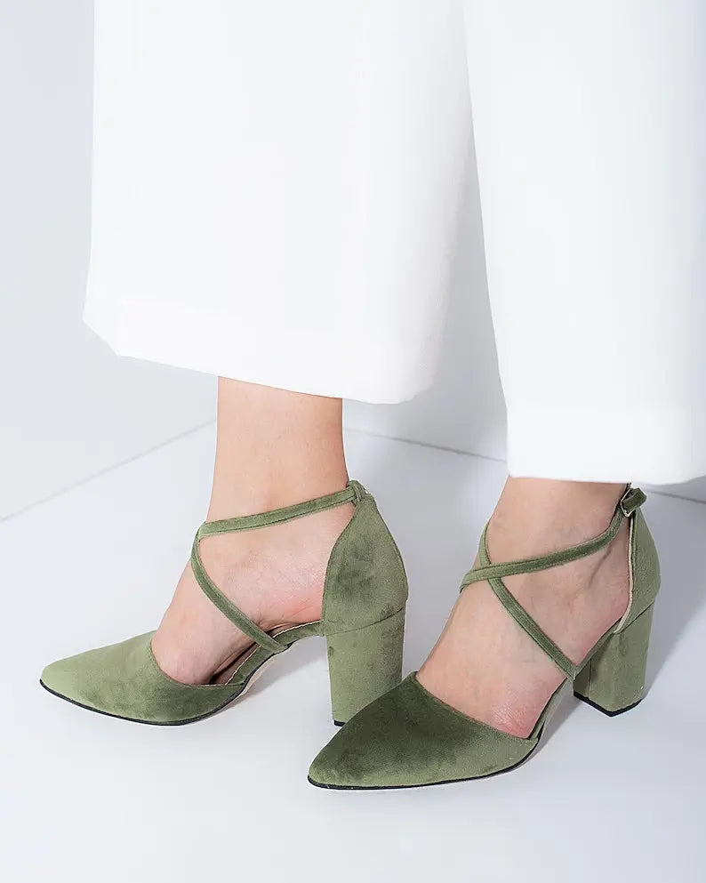 Green Velvet Bridal Heels VOWALISSE bridal shoes – view 1
