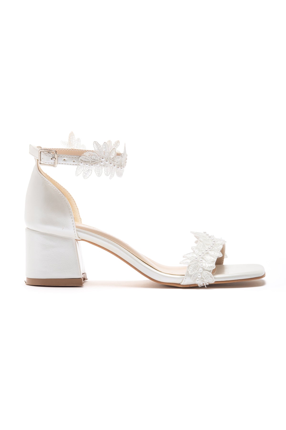 Elodie Bridal Block Heel Sandals – side view showing pearl, lace, red, Vowalisse