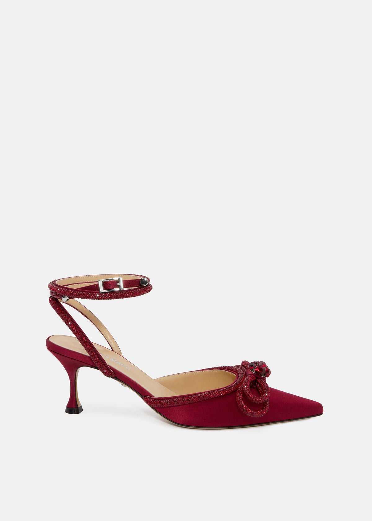 Aveline Bordeaux Double Bow Shoes – front three-quarter view showing double bow, crystal, satin, Vowalisse