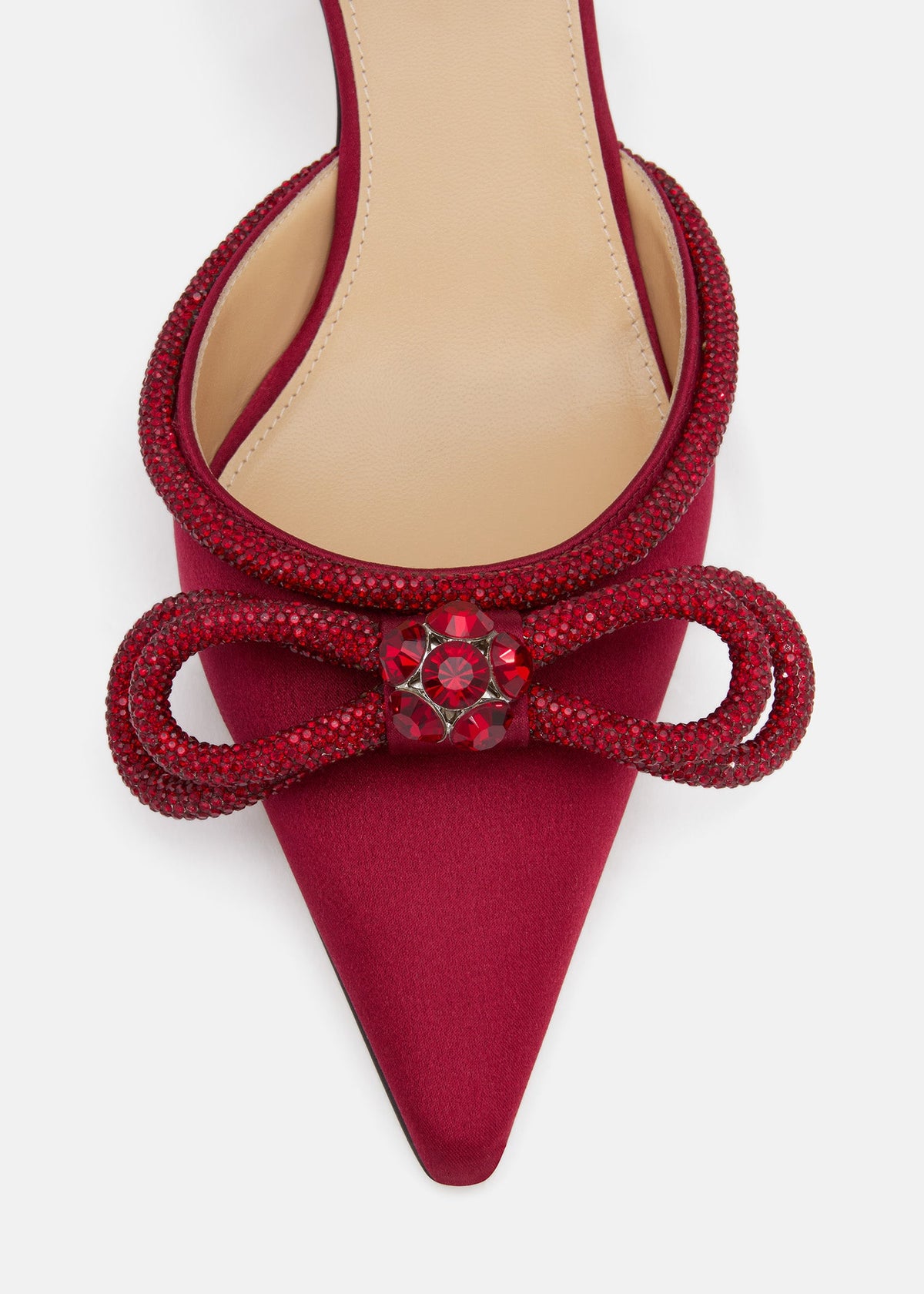 Aveline Bordeaux Double Bow Shoes – rear view showing double bow, crystal, satin, Vowalisse