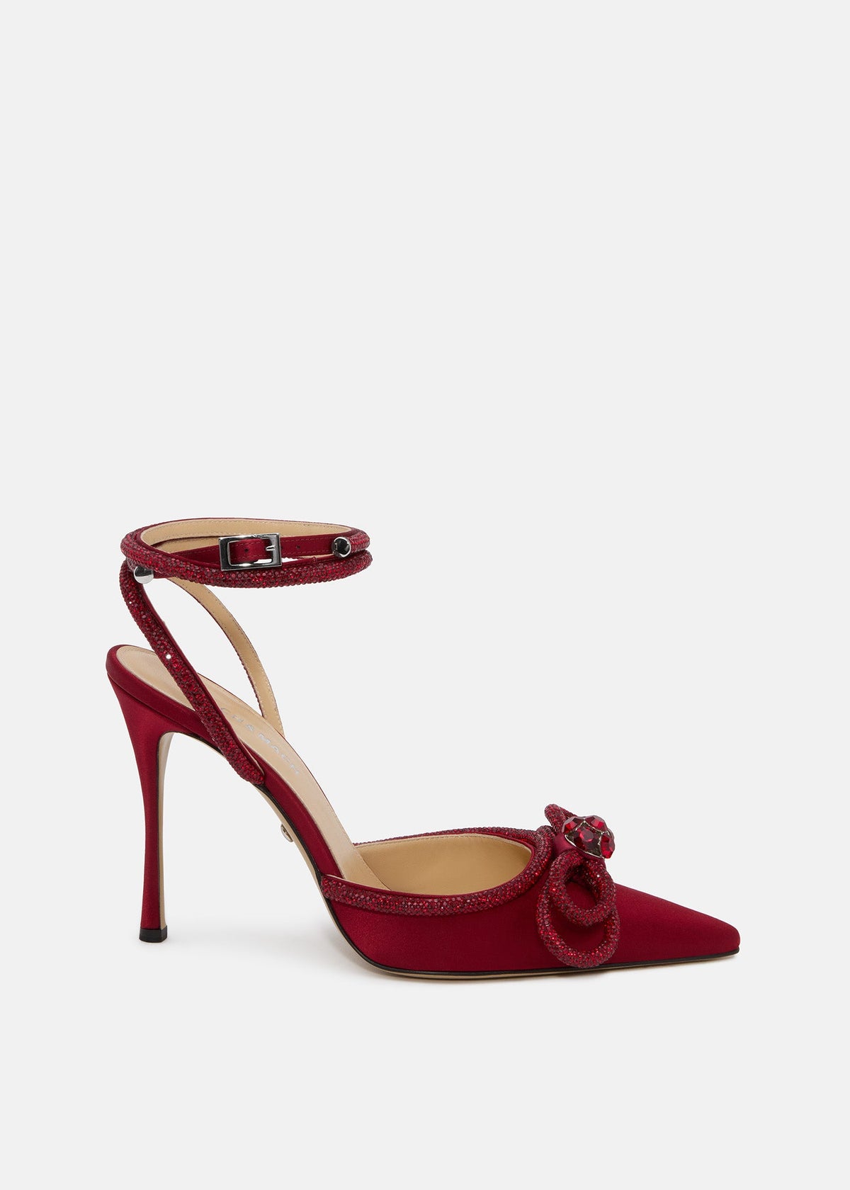 Florence Bordeaux Double Bow Shoes – front three-quarter view showing double bow, crystal, satin, Vowalisse