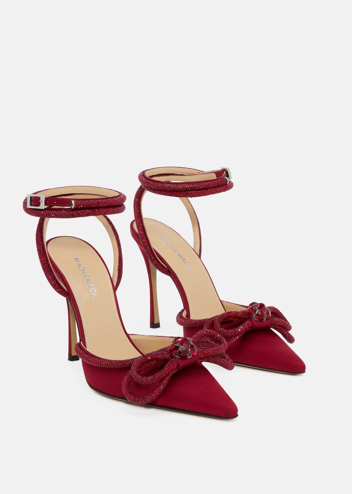 Florence Bordeaux Double Bow Shoes – side profile showing double bow, crystal, satin, Vowalisse