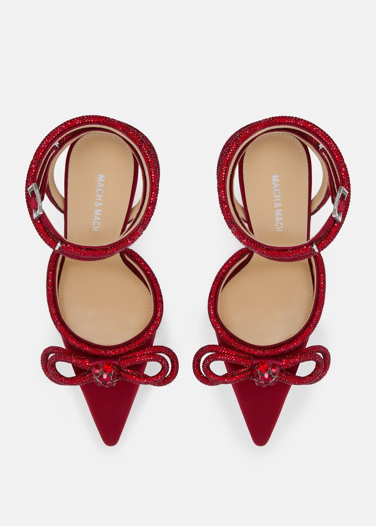 Florence Bordeaux Double Bow Shoes – crystal detail view showing double bow, crystal, satin, Vowalisse