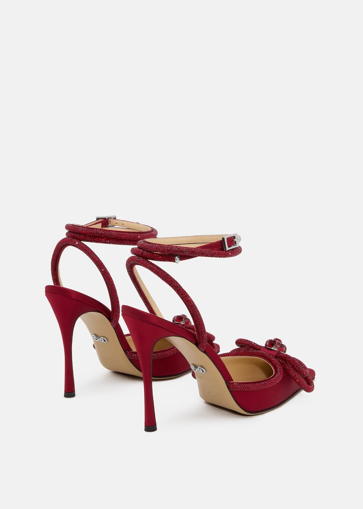 Florence Bordeaux Double Bow Shoes – heel view showing double bow, crystal, satin, Vowalisse