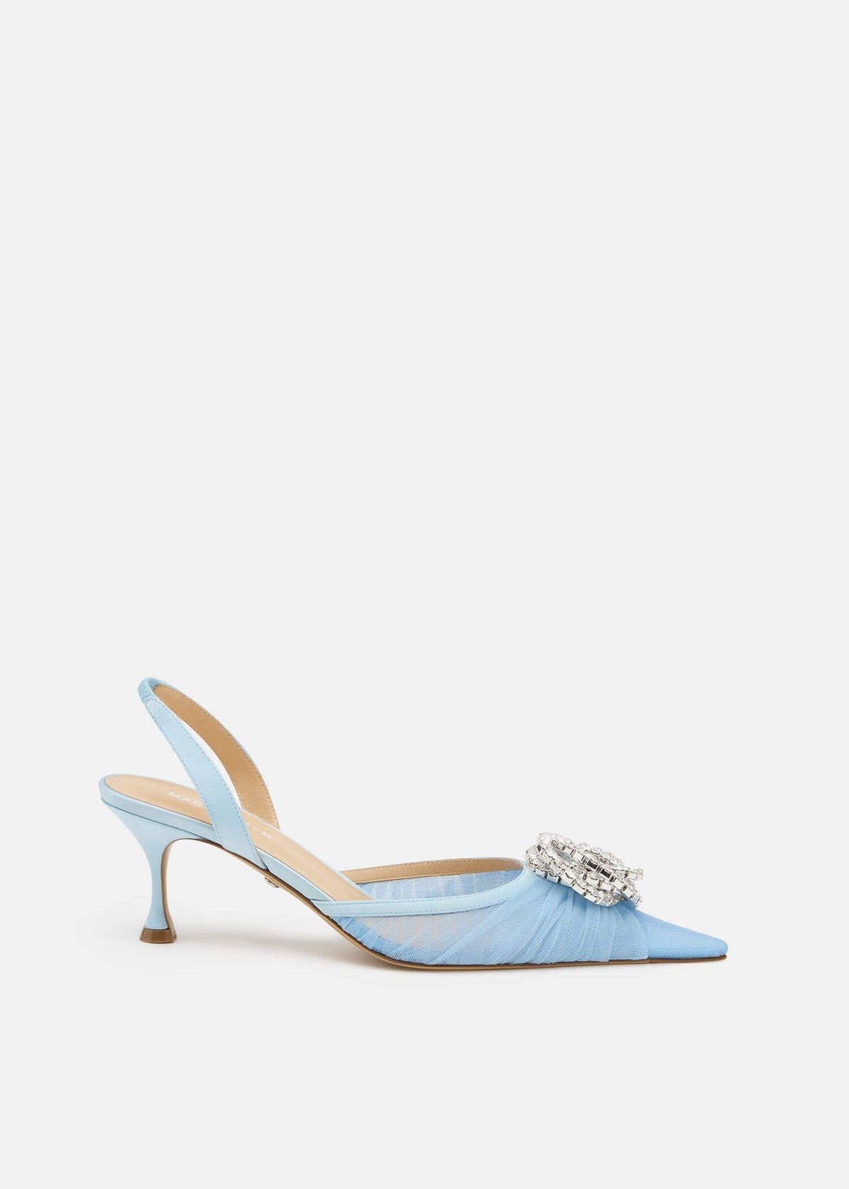 Thalia Blue Crystal Slingbacks – front three-quarter view showing crystal, metallic, tulle, blue, Vowalisse