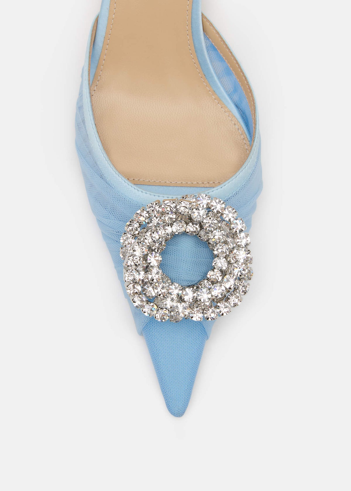 Thalia Blue Crystal Slingbacks – rear view showing crystal, metallic, tulle, blue, Vowalisse