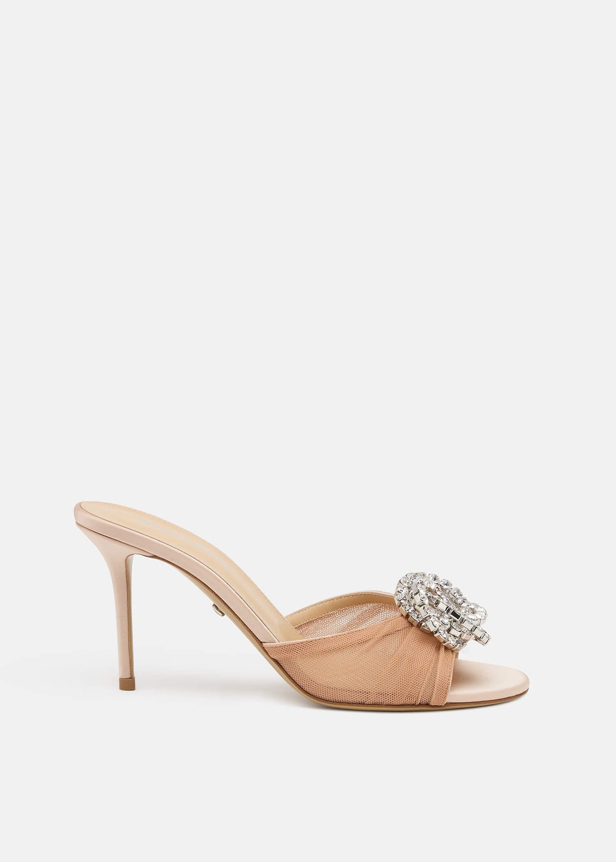 Paloma Nude Crystal Mules – front three-quarter view showing crystal, tulle, red, nude, Vowalisse