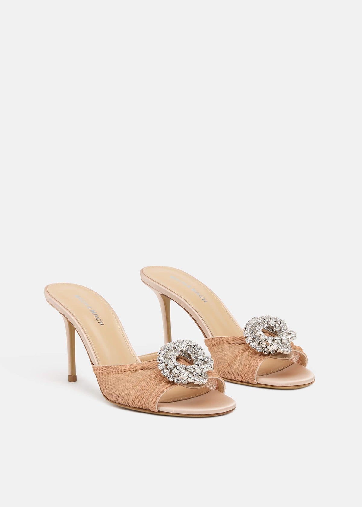 Paloma Nude Crystal Mules – side profile showing crystal, tulle, red, nude, Vowalisse
