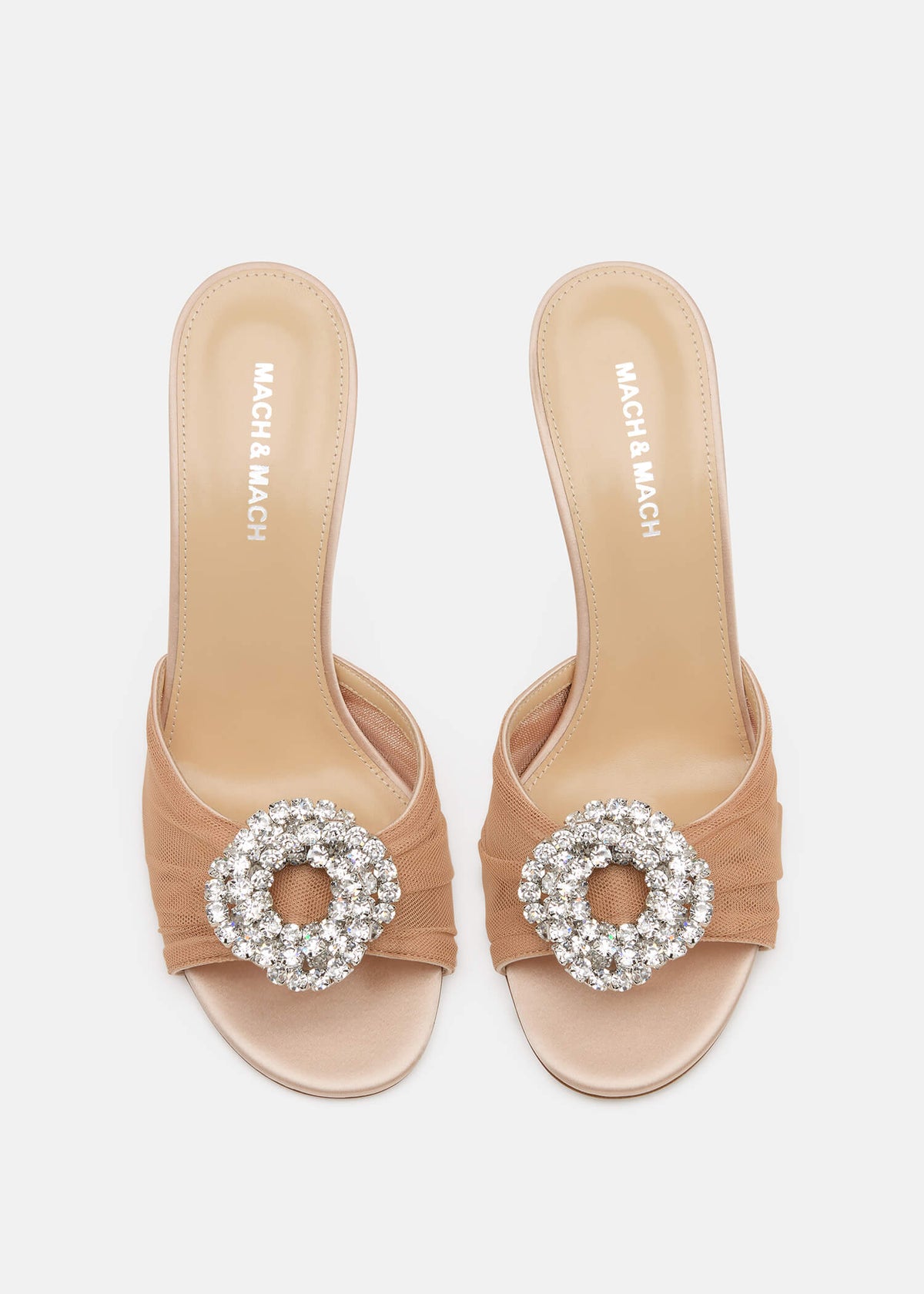 Paloma Nude Crystal Mules – crystal detail view showing crystal, tulle, red, nude, Vowalisse