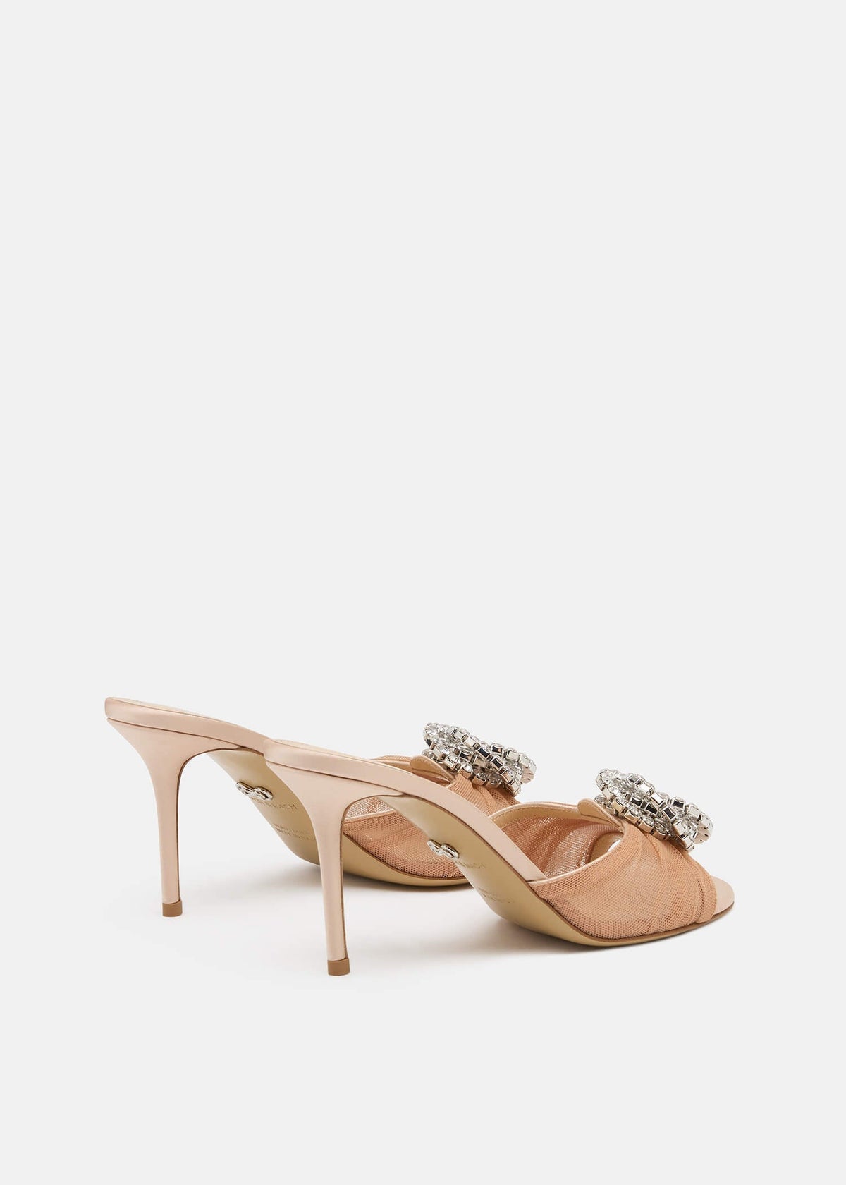 Paloma Nude Crystal Mules – heel view showing crystal, tulle, red, nude, Vowalisse