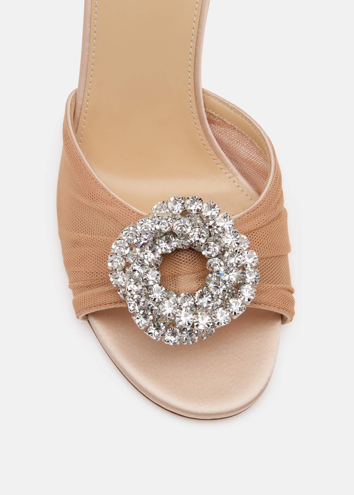 Paloma Nude Crystal Mules – rear view showing crystal, tulle, red, nude, Vowalisse