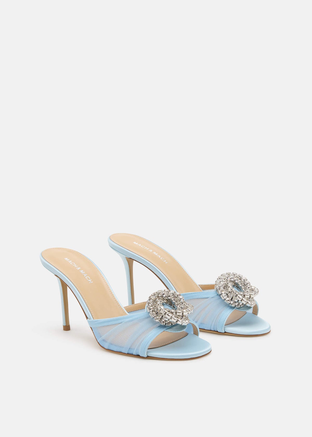 Renata Blue Crystal Mules – side profile showing crystal, tulle, red, nude, Vowalisse
