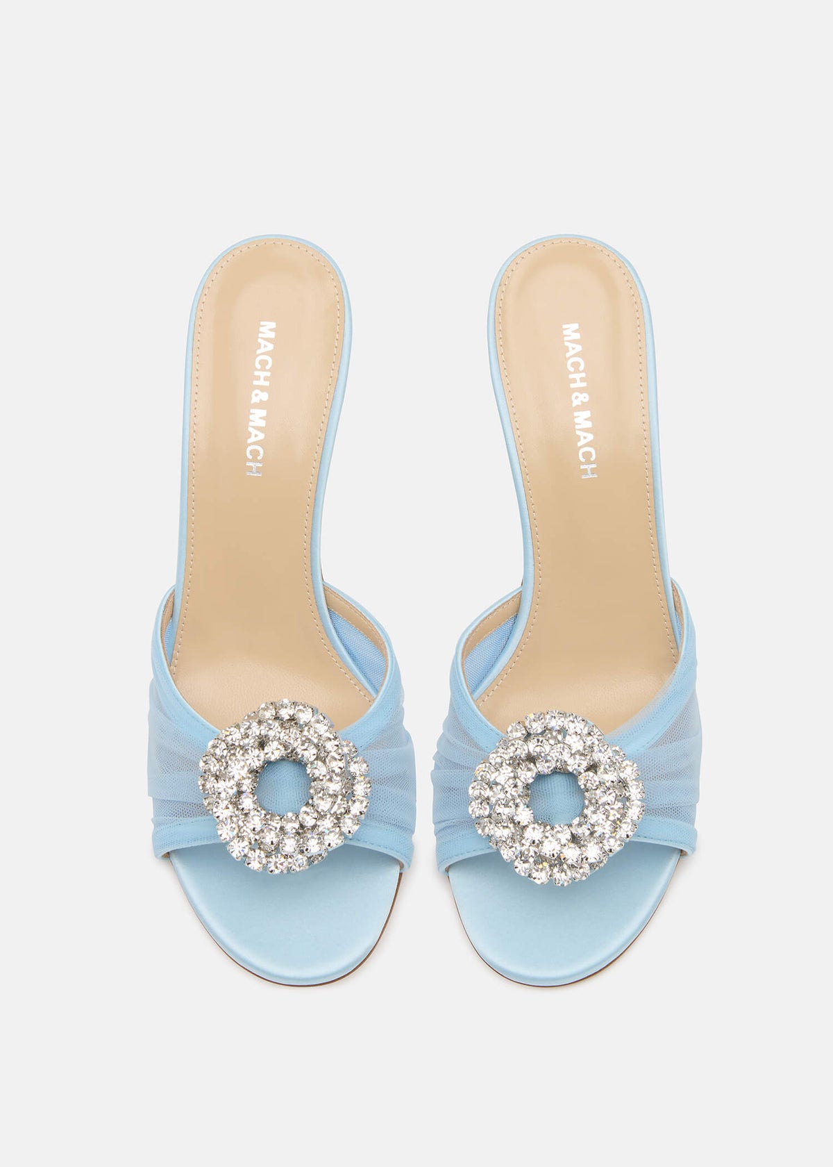 Renata Blue Crystal Mules – crystal detail view showing crystal, tulle, red, nude, Vowalisse