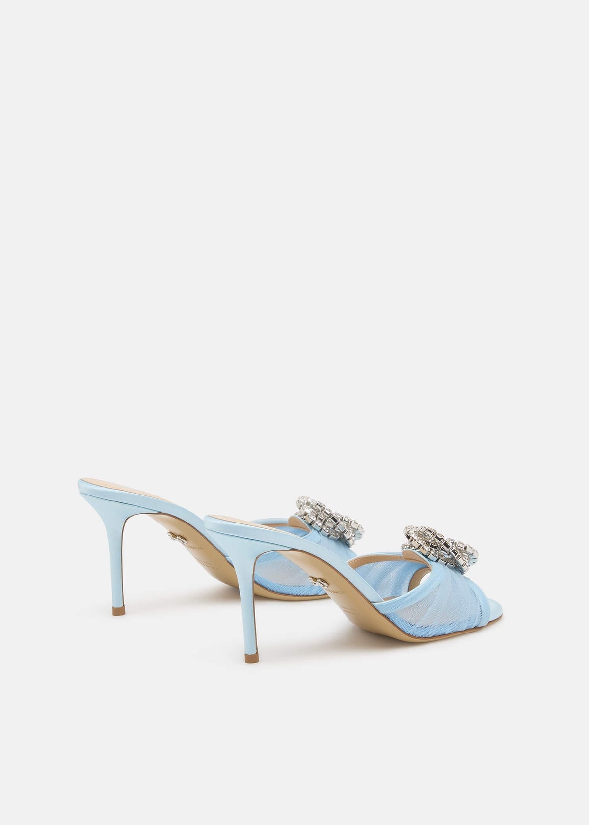 Renata Blue Crystal Mules – heel view showing crystal, tulle, red, nude, Vowalisse