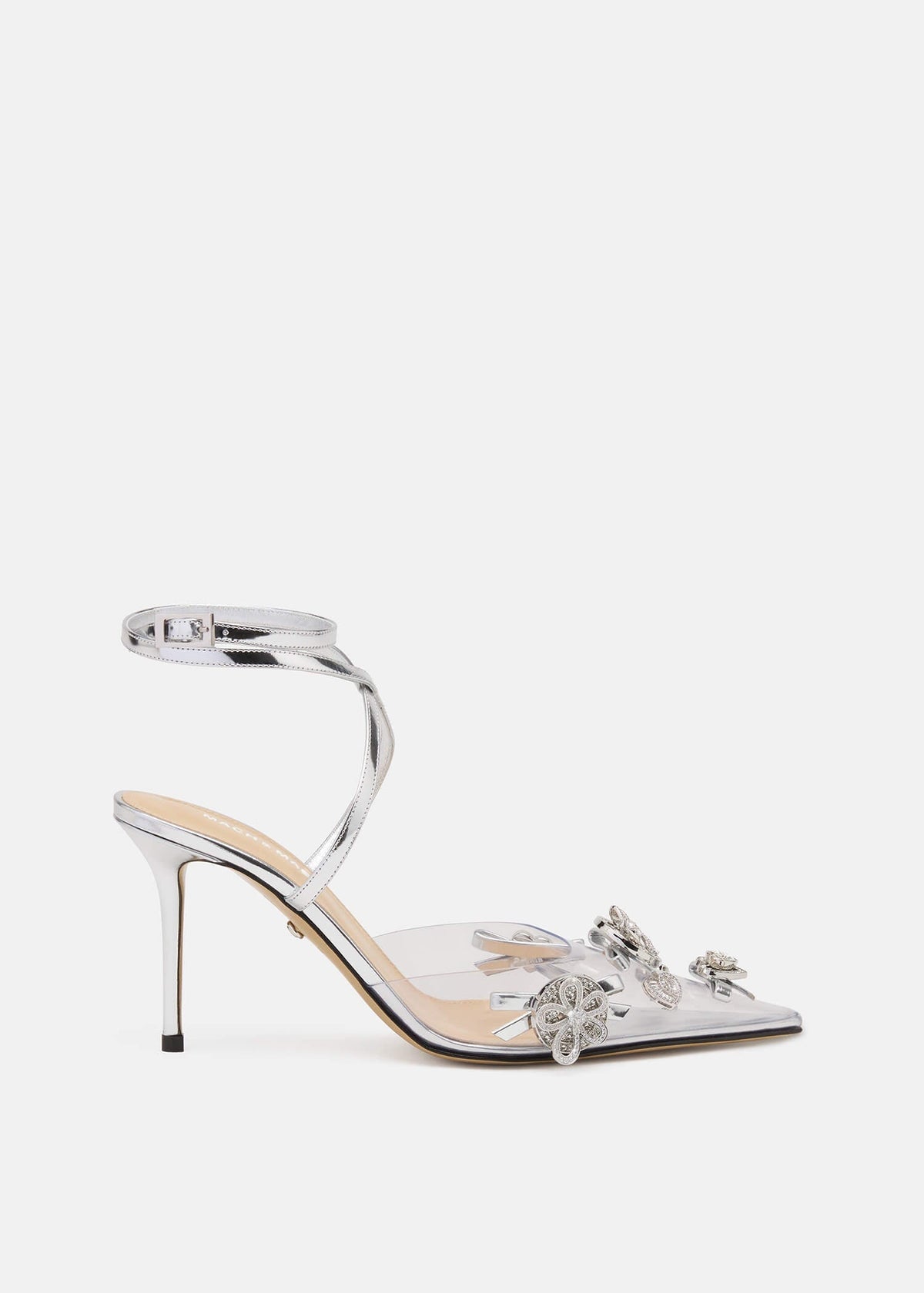 Josephine Silver Crystal Pumps – front three-quarter view showing crystal, silver, red, Vowalisse