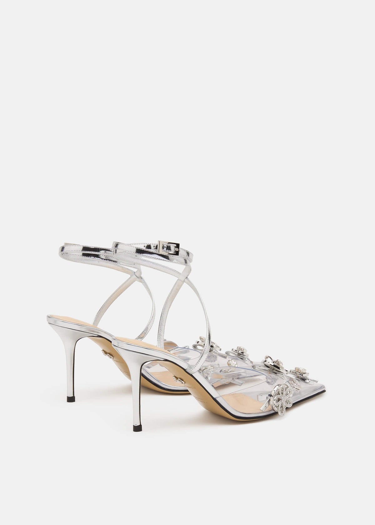 Josephine Silver Crystal Pumps – heel view showing crystal, silver, red, Vowalisse