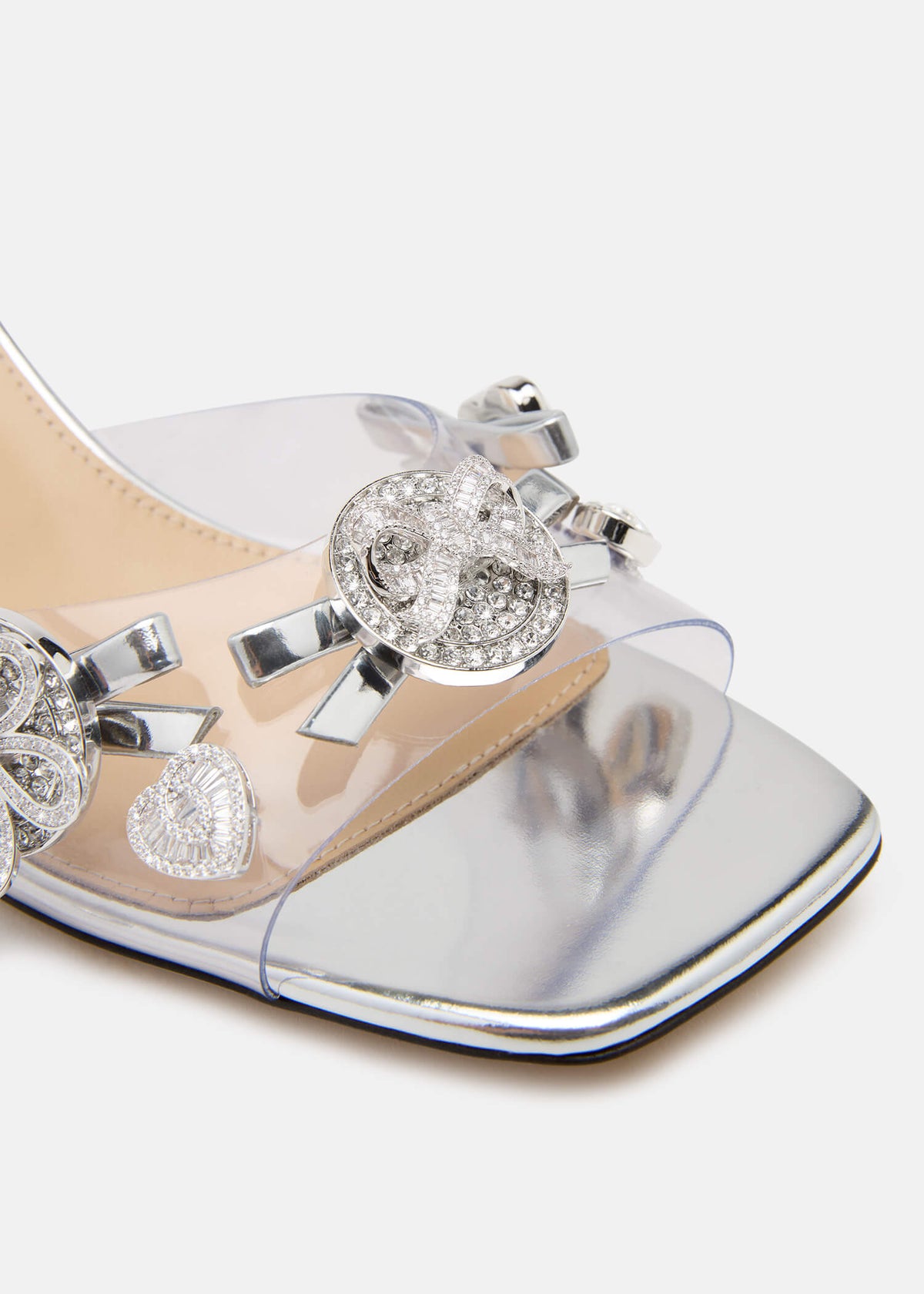 Ilaria Silver Crystal Mules – rear view showing crystal, silver, Vowalisse